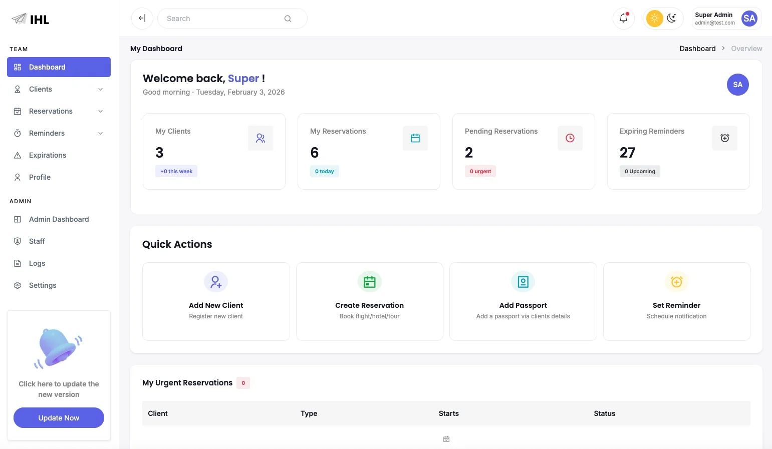 IHL Reservations management dashboard